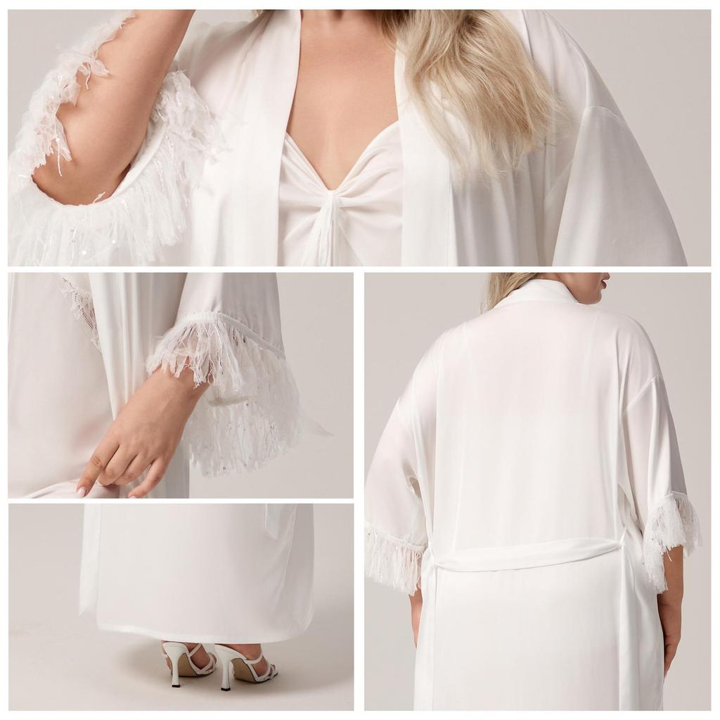 Yaoting Plus Size Satin Chiffon Feather Long Robe Pajamas WP5013