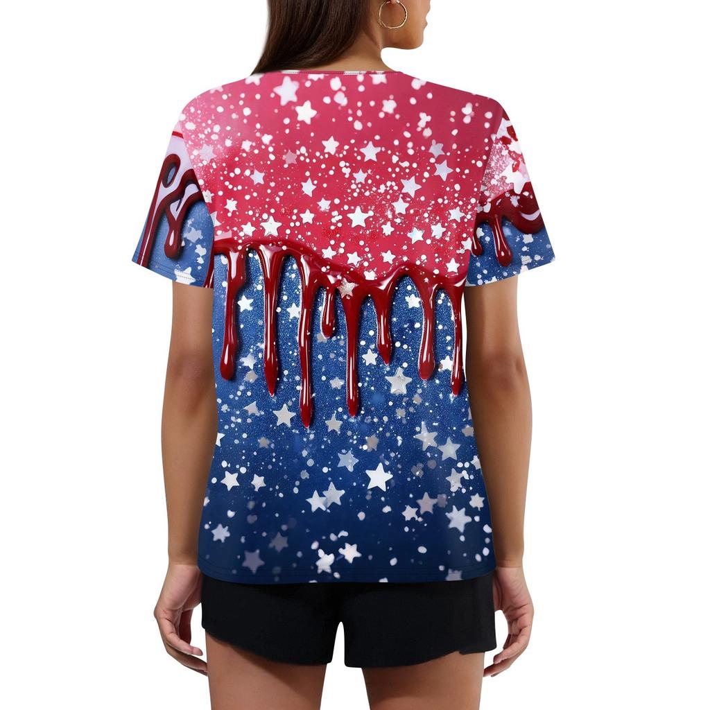 Women's T Shirt Independence Day Print Button Short Sleeve Daily Weekend Fashion Basic V- Neck Regular Top