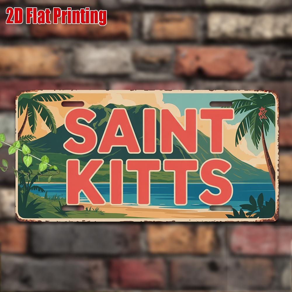 D Flat pc Vintage Saint Kitts Decorative Sign Tropical Caribbean Wall Decor with Palm Trees Beach Scene HeavyDuty Meta