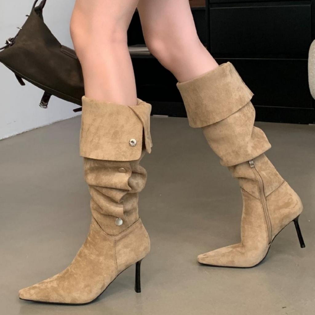 Мода 2025 Новые Ретро Женские Сапоги Матовая Замша Средние Ковбойские Сапоги Высокий Голенище Грубый Каблук Рыцарские Сапоги