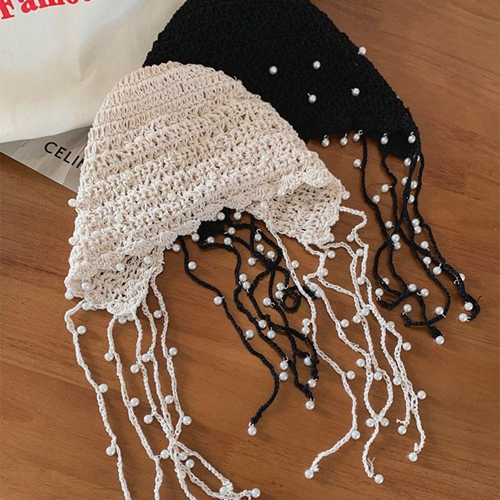 Crochet Flower Knit Cap Beanies Ethnic Style Hat Casual Hollow Pearl Tassels Knitted Hat Outdoor