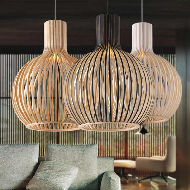 Modern Wood Pendant Light for Living Room Decoration Black Hanging Lamp Suspension Wooden Chandelier Lighting Fixtures