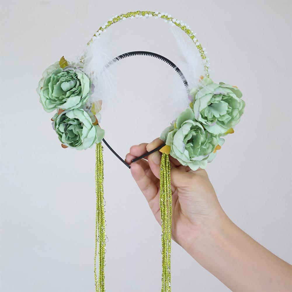 Ободок для волос с кисточками из бусин и перьев, аксессуары для волос для ханьфу, милая повязка на голову с цветами, для девочек