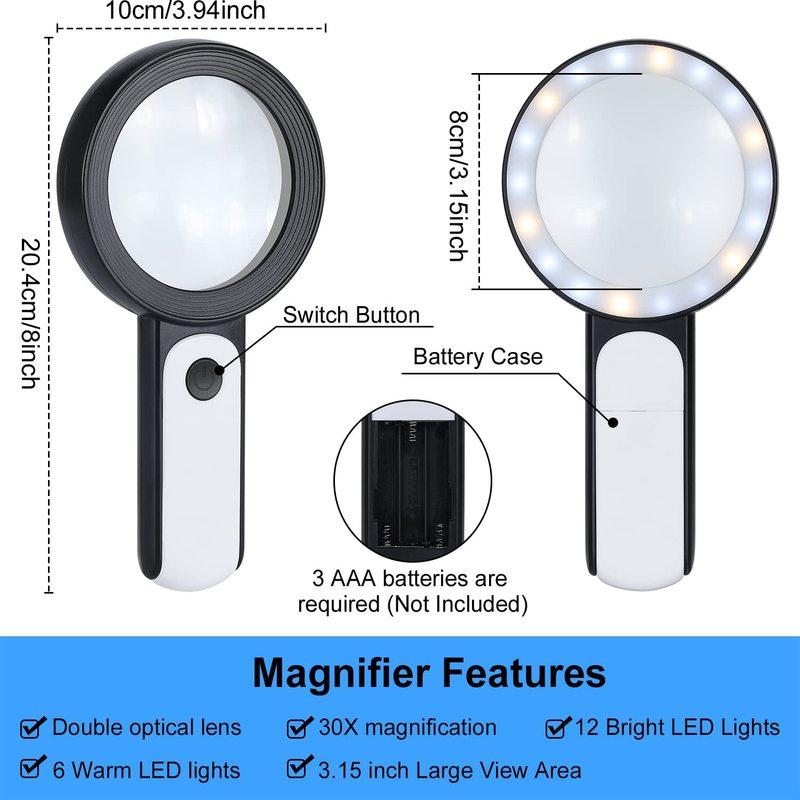 Magnifying Glass 18 LED Lights 30X Double Glass 3 Modes High Power Lens Handheld Illuminated Magnifier Reading Tool