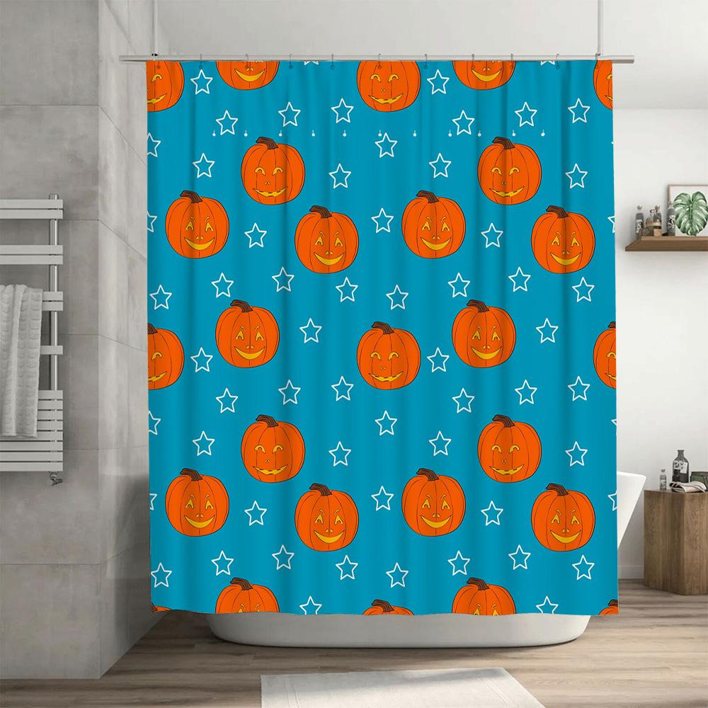 Halloween-Themed Shower Curtain With Blue Background And Pumpkin Pattern Suitable For Bathroom Decor Washable Waterproof Fabric
