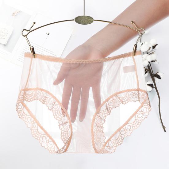 Women Panties Mid Waist Breathable Stretch Soft See-through Floral Lace Sexy