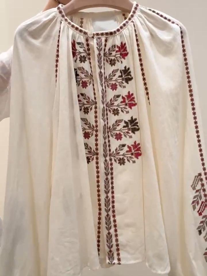 Женская французская этническая вышитая рубашка из чистого хлопка с длинными рукавами-фонариками, ранний сезон 2026