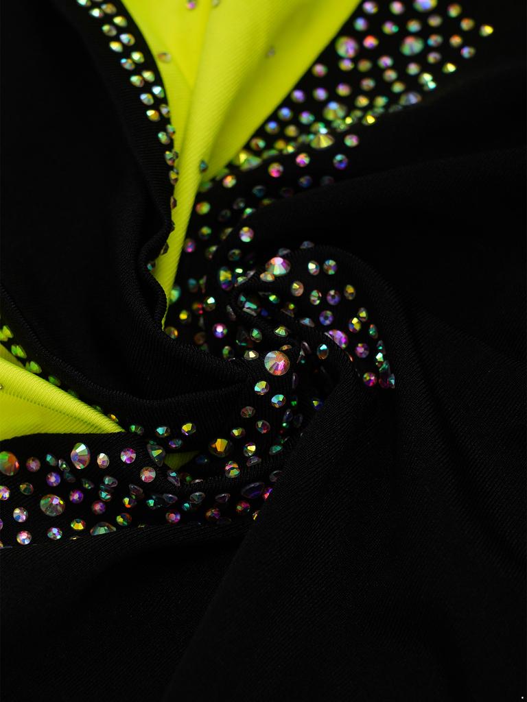 Сценический костюм для девочек - Леотард со стразами, длинный рукав, вырез-капелька сзади, для фигурного катания и гимнастики