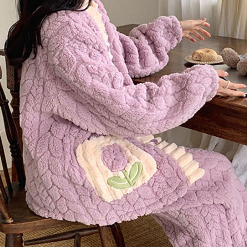 Sweet Plush Fleece Sleepwear Set Patchwork Flower Flannel Pajamas Women Nightwear with Pockets Winter Nightdress Girls