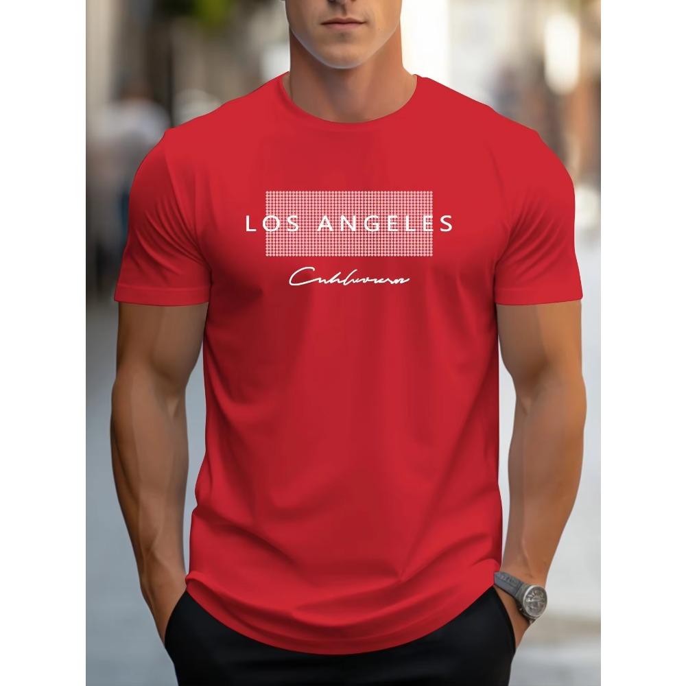 Men's Summer Loose Fit Large Los Angeles Graphic Printed Slim Fit Casual Sports Round Neck Short Sleeved T-shirt Top