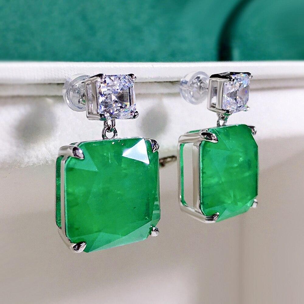 Wong Rain 100% 925 Sterling Silver Emerald Paraiba Asscher Cut High Carbon Diamonds Gemstone Drop Dangle Earrings Fine Jewelry
