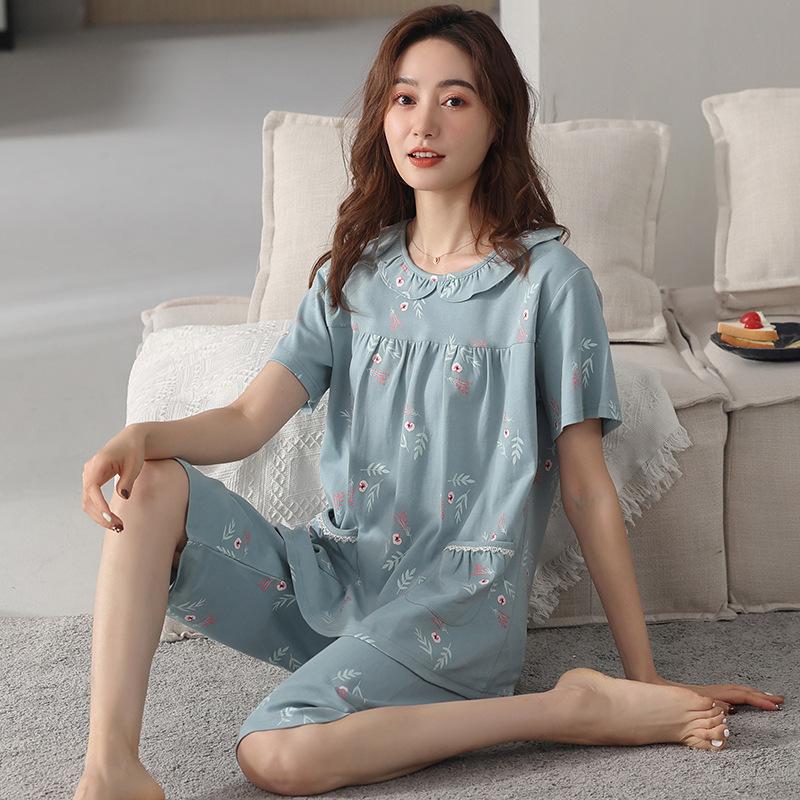 Хлопковая одежда для сна Домашняя одежда Пижамы Женские топы и брюки с принтом Студенческая ночная одежда Домашняя одежда Комплект из двух предметов Пижамы