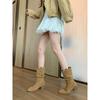 Cowhide Height Increase 8cm Round Head V Mouth Thick Heel Thin Pile Short Boots Female Western Cowboy Boots