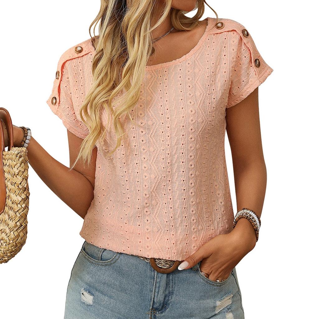 Женская модная свободная однотонная футболка с круглым вырезом и короткими рукавами на пуговицах