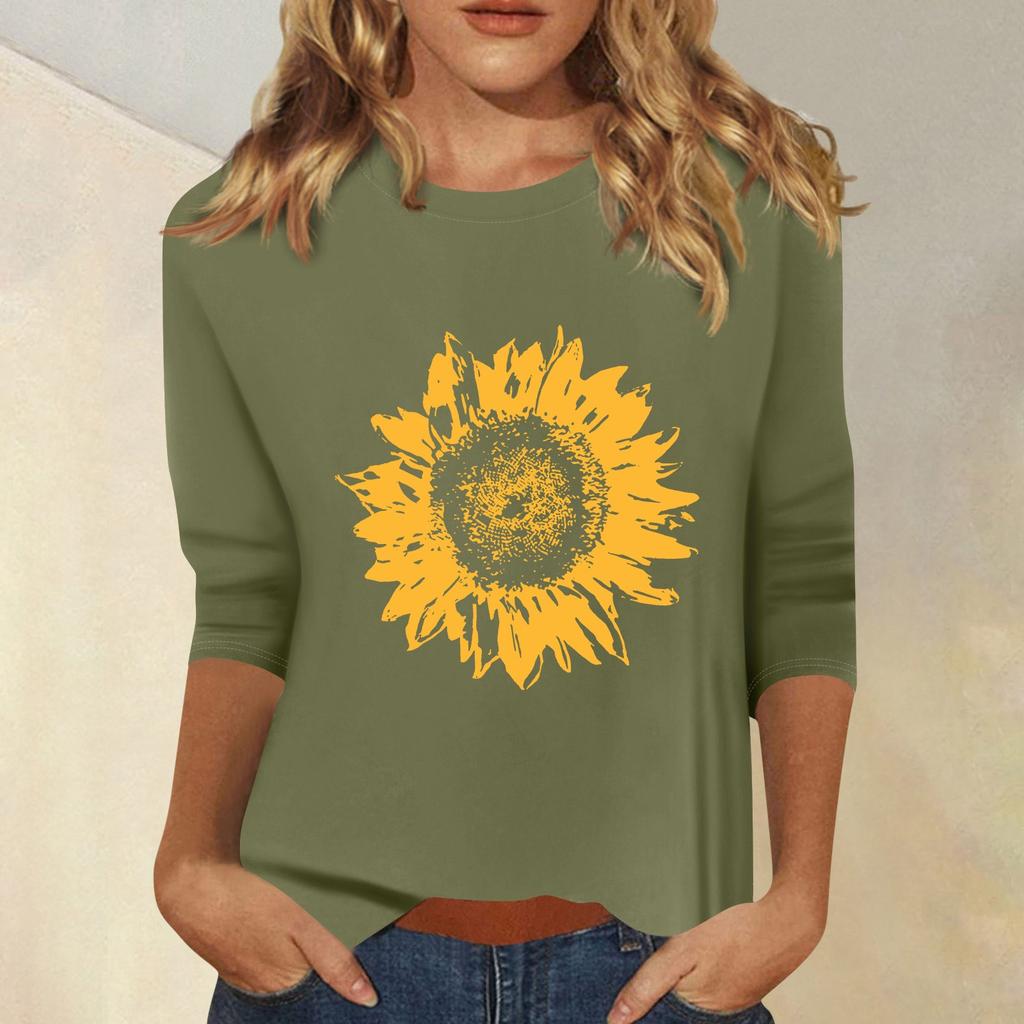 Women's Fashion Casual Printed Seven Sleeve Round Neck Top