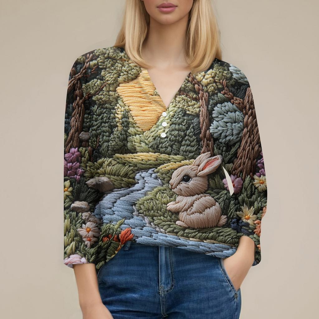 Жен. Футболка Футболка С принтом Пуговицы Рукав 3/4 Повседневные Выходные Мода Классический V-образный вырез Обычный Топ