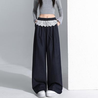 Кружевные широкие брюки женские весенние уличные облегающие повседневные прямые брюки с высокой талией