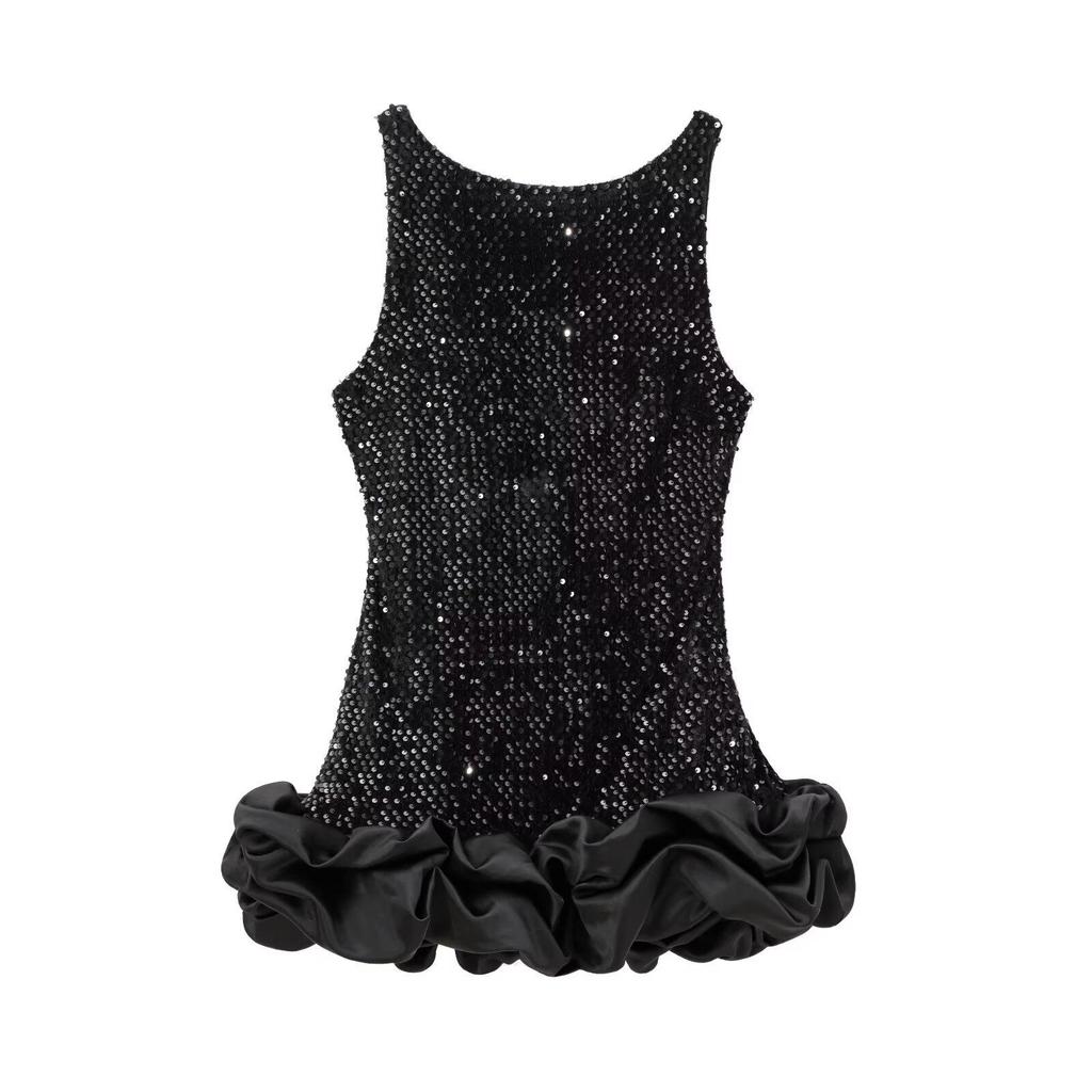 Y2K Winter Black Sequin Mini Dress with Shoulder Pads - Sleeveless Evening Wear