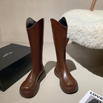 Женские сапоги на высоком каблуке с длинными трубами, осень/зима, новый стиль, толстая основа, грубые сапоги для езды на велосипеде с V-образным вырезом, стройнящие, коричневые