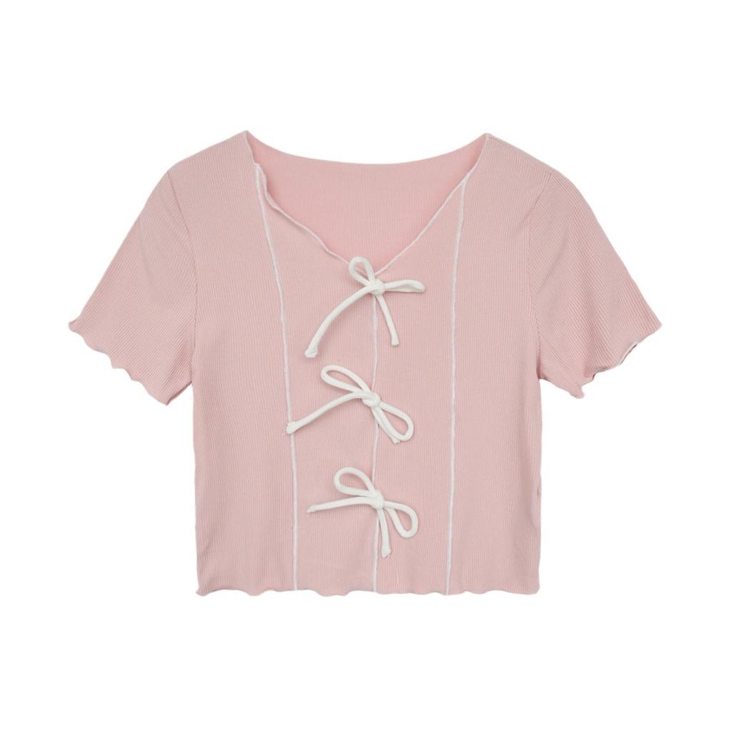 Футболка с короткими рукавами Bow Tie Wave Edge Color Collision, женская летняя, тонкая, с короткими секциями, маленькая рубашка, топы, повседневные, основные, облегающие, пуловеры, футболки