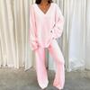 Women Winter Comfort Solid Pajamas Set V-Neck Casual Daily Home Warm Top Long Pants Two Piece Set Warm Sleepwear Pijama