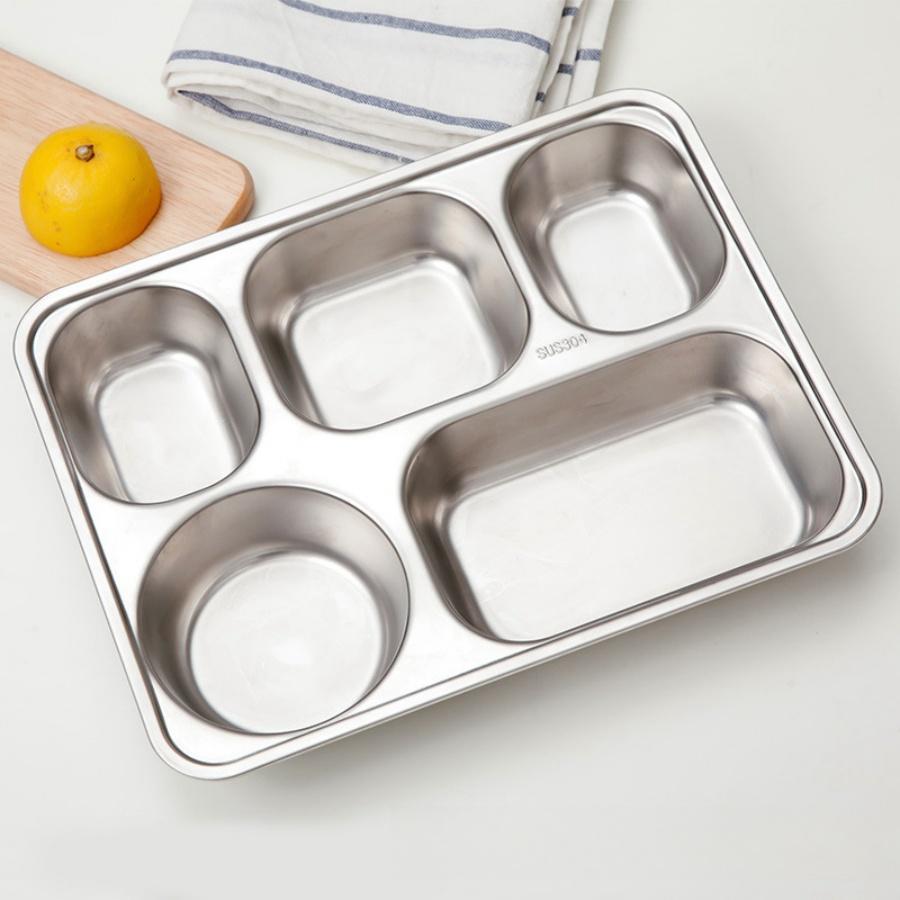 SUS304 Нержавеющая сталь углубленная и утолщенная обеденная тарелка, пятисекционная тарелка для фаст-фуда, разделенный ланч-бокс, столовая ресторан