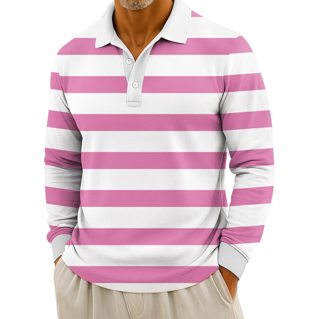 Men's Casual Striped Print Button-Up Long-Sleeve Tops