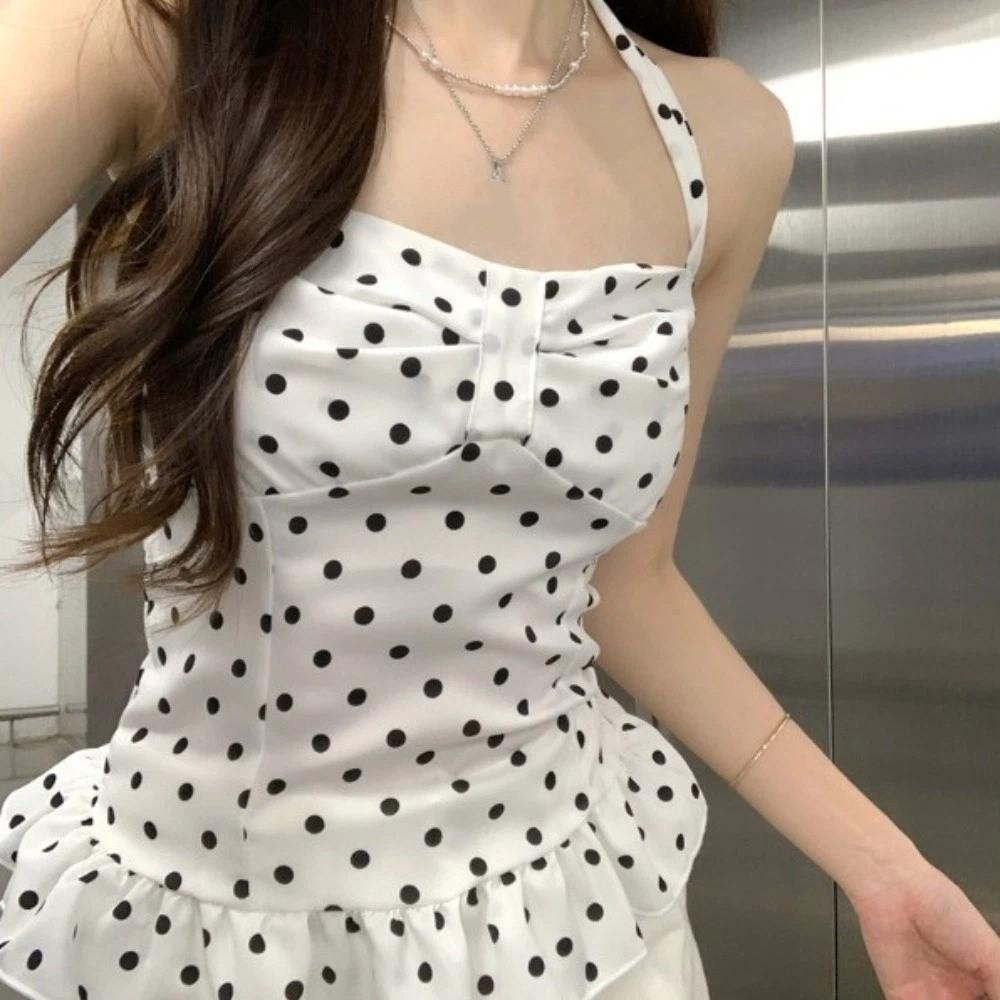 Lace Up Halter Ruffle Vest Top Slim Fit Women Camisole Comfortable Y2k Dot Crop Top Female