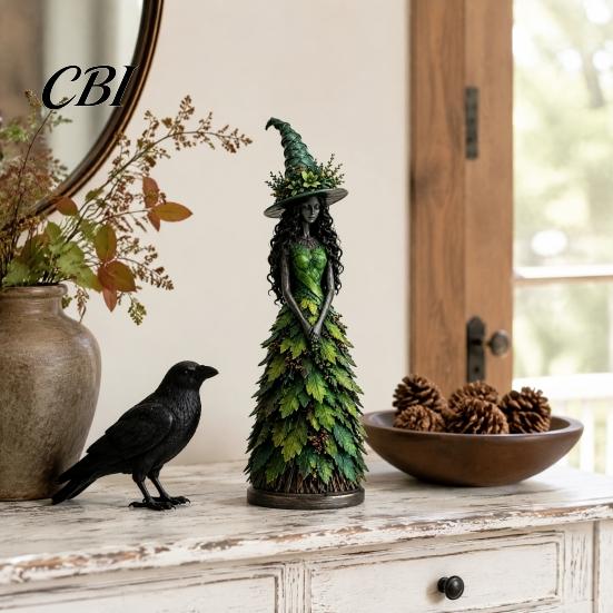 Autumn Home Decor Witch Figurine Statue, Resin Halloween Fall Tabletop Decor, Seasonal Mantle Display Shelf Ornament for Mantel Fireplace Desk Tiered