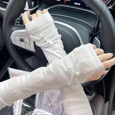 Женские летние рукава из ледяного шелка с защитой от солнца и жемчужным кружевом