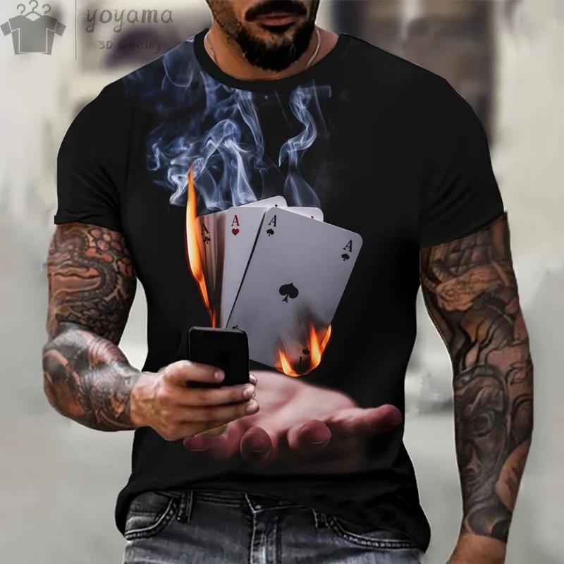 Летние повседневные мужские футболки с 3D-покером и А-образным узором с ретро-принтом, с короткими рукавами и О-образным воротником, свободные футболки, повседневная мода, спортивный топ