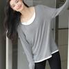 Long Sleeve Female Cold Basic Warm Shirt Fake Two Piece Bottoming Shirt Casual Clothes Round Neck Knit Shirt Tops Women Loose Solid Color Thin V-neck