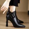 Sexy Pointed Toe Black High Heel Boots Women Spring Winter PU Leather Zip Design Boots for Women Elegant Belt Buckle Ankle Boots