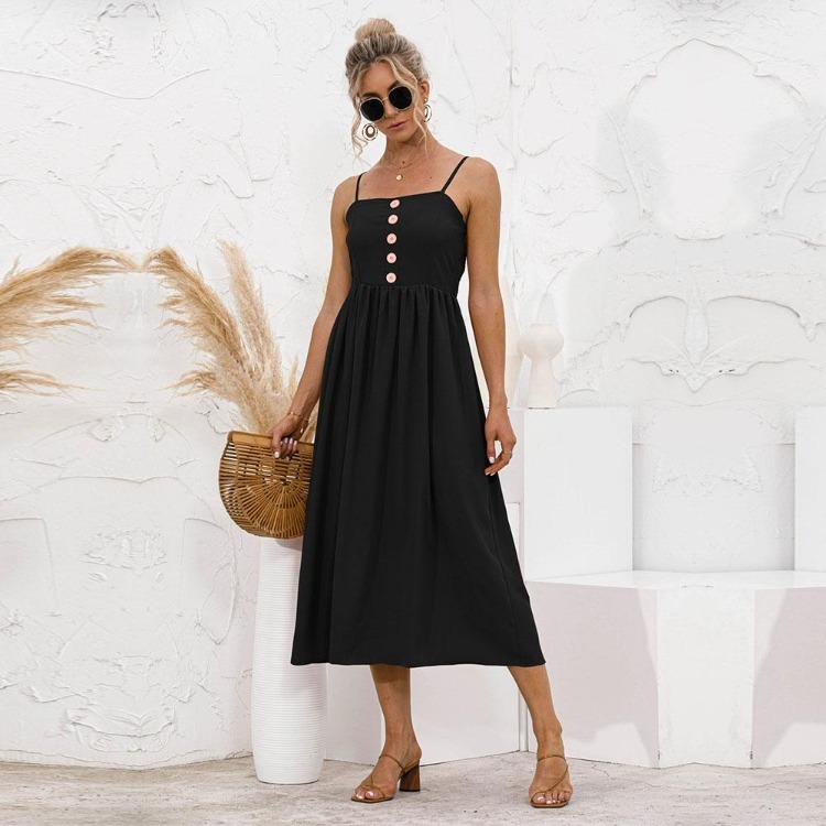 Женское летнее длинное платье однотонного цвета А-силуэта на тонких бретельках без рукавов с высокой талией и пуговицами, повседневное, милое, S-XL