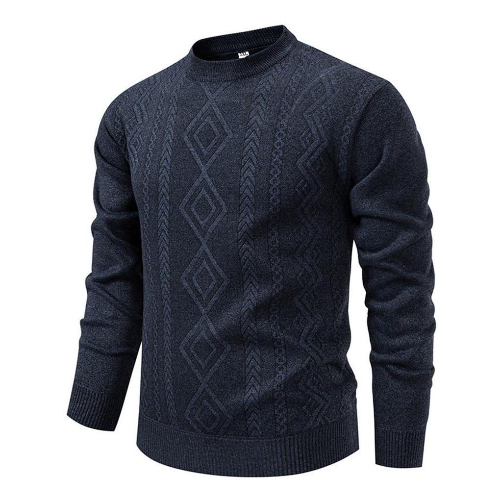 Men's Solid Color Textured Sweater Plus Velvet Thickened Casual Round Neck Warm Knitted Pullover