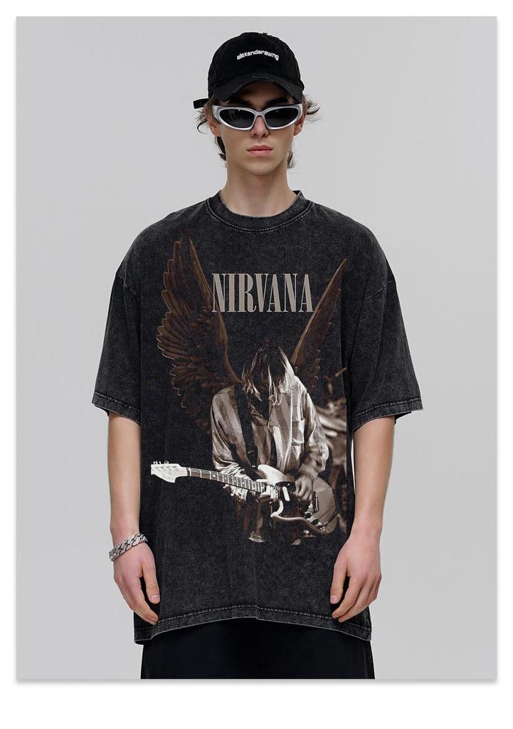 NIRVANA 'Nirvana' Graphic Rock Band Men's Heavyweight Cotton Retro Streetwear T-Shirt - Autumn Style, Short Sleeve