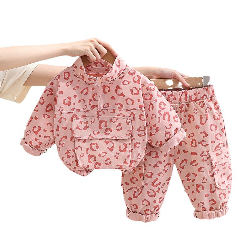 2024 Baby Spring Fashion Leopard Print Two-Piece Set for Toddlers - Stylish Stand-Up Collar for Boys & Girls