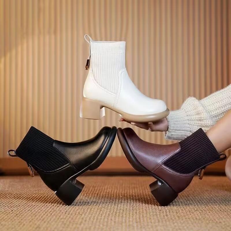 Soft Leather Martin Boots Women's Autumn and Winter New Fashion Versatile Elastic Socks Sub-boots