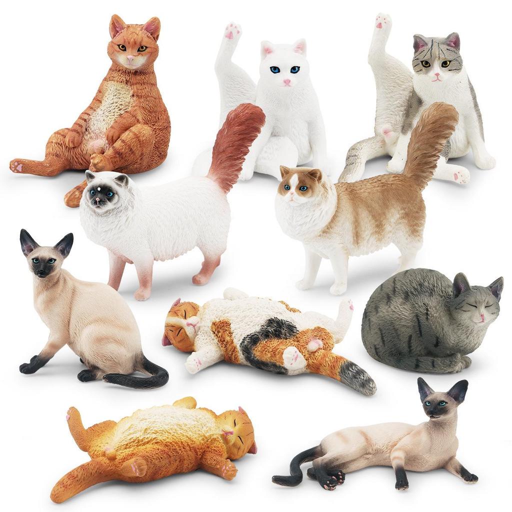 Children's Kitten Model Set: Ragdoll Cat, Lazy Orange Cat, Paw-Up Grey Cat, Sleeping Calico Cat, Lying Siamese Cat Figurines.