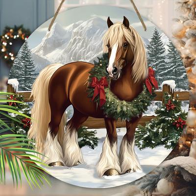 Теплая Зимняя Рождественская Деревянная Табличка с Рисунком Лошади - Круглая Табличка Navidad для Декора на Входную Дверь или для Подвешивания на Стену - Идеальный Рождественский Подарок