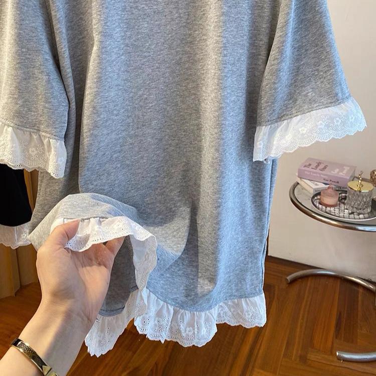 Plus Size Women Korean Style Short Sleeve T-Shirt Loose Fit Lace Splice Half Sleeve Tops Summer Cotton Crew Neck T-shirts