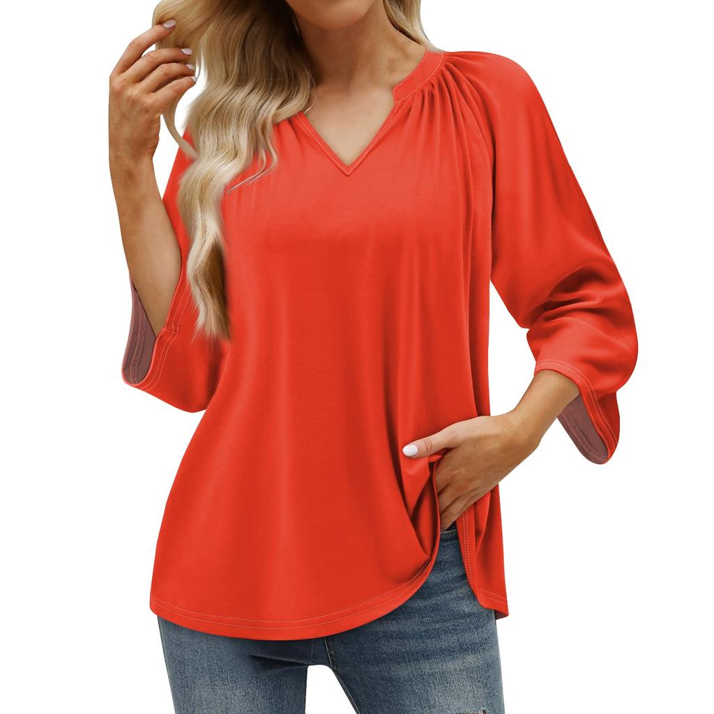 Женская летняя повседневная футболка с рукавом 3/4, однотонный пуловер с v-образным вырезом, топ