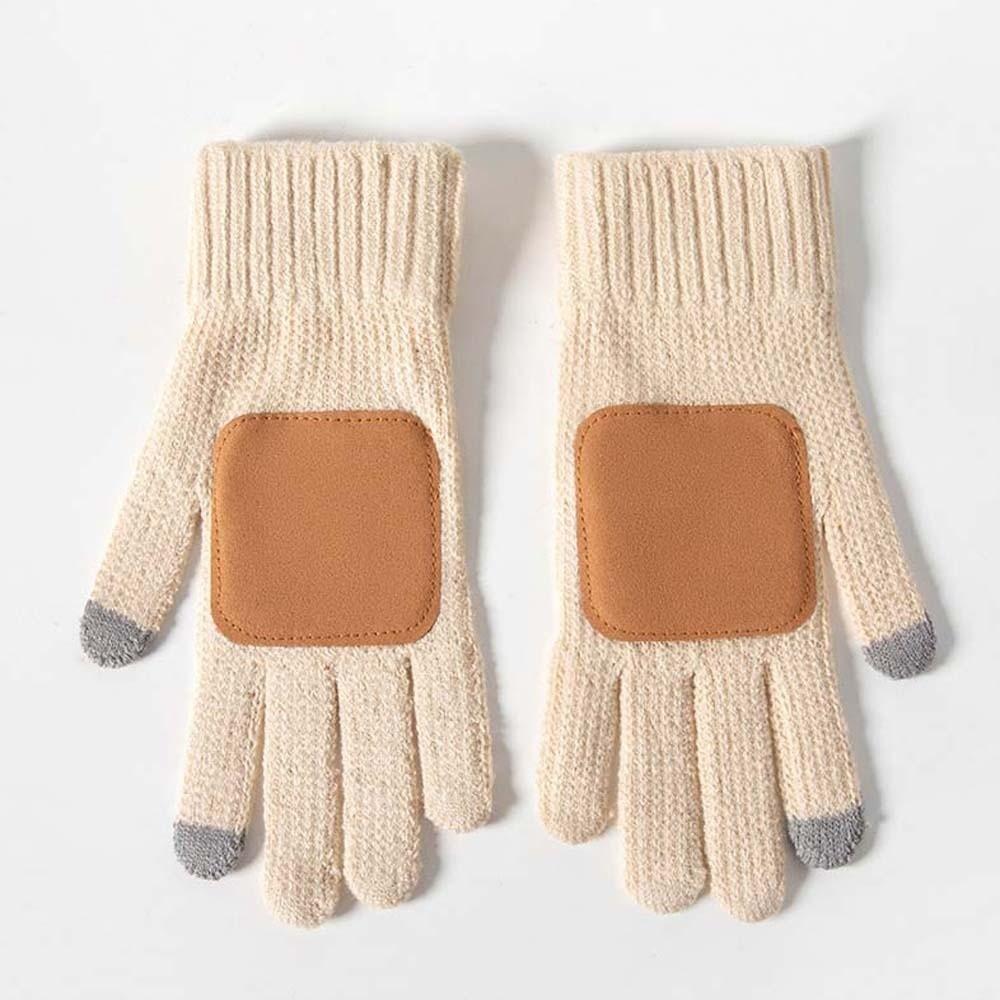 Leather Patch Touchscreen Gloves Knitted Wool Woolen Warm Gloves Winter Knit Mittens  Phone Texting