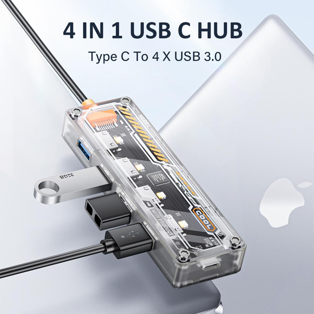 Прозрачный USB 3.0 HUB 4 в 1 Type C HUB на USB3.0 Type-C 4xUSB Высокоскоростная коробка-разветвитель 4 порта USB Адаптер для зарядки для ПК