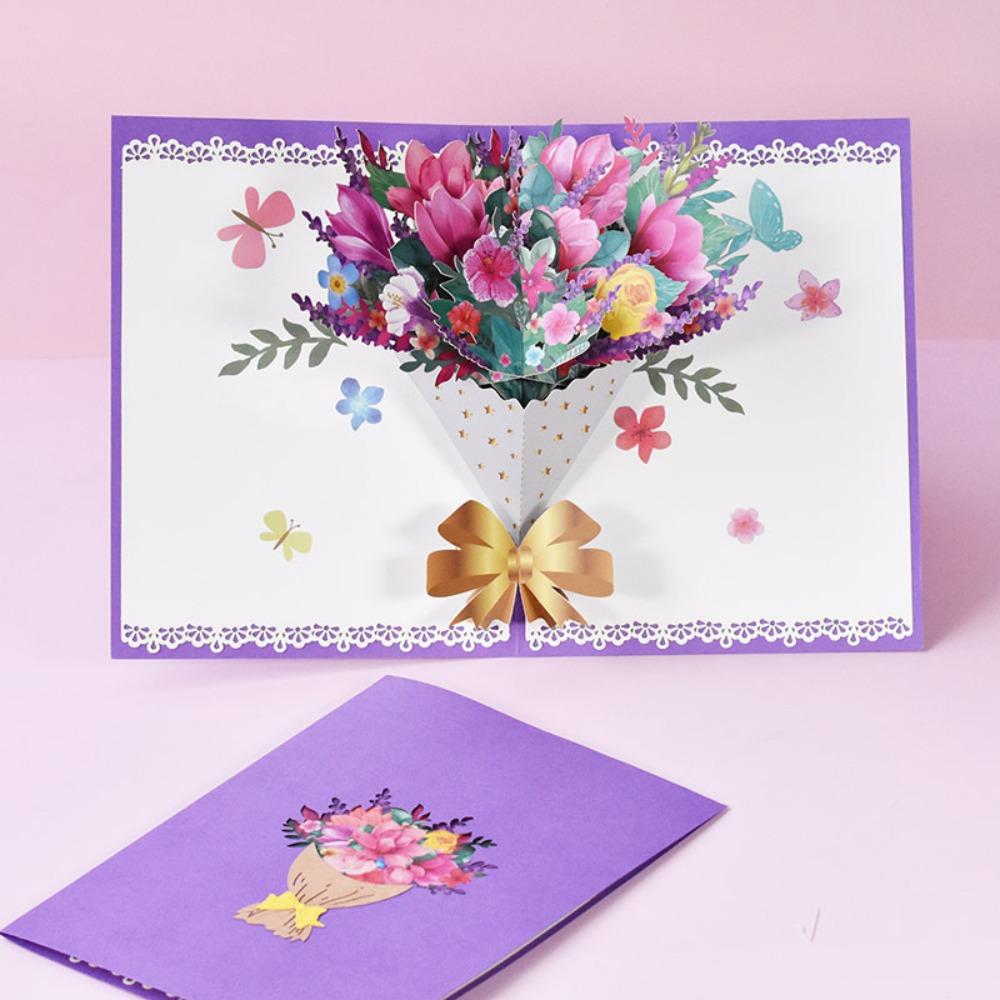 For Mom&Wife Mother's Day Teacher's Day Flower Greeting Cards Pop Up Blessing Card 3D Bouquet Card