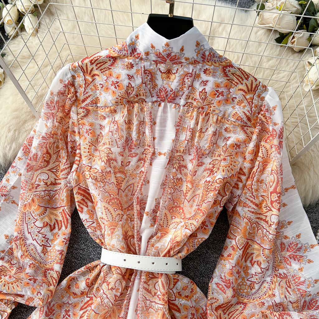 Spring Autumn Women Big Size Print Single Breasted Long Maxi Loose Seaside Holiday Beach Dresses with Belt