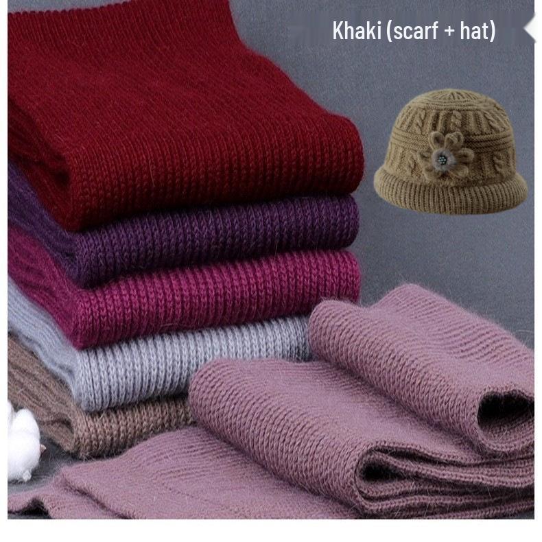 Warm Wool Knit Hat & Scarf Set for Middle-Aged & Elderly Ladies - Thickened Velvet for Autumn & Winter