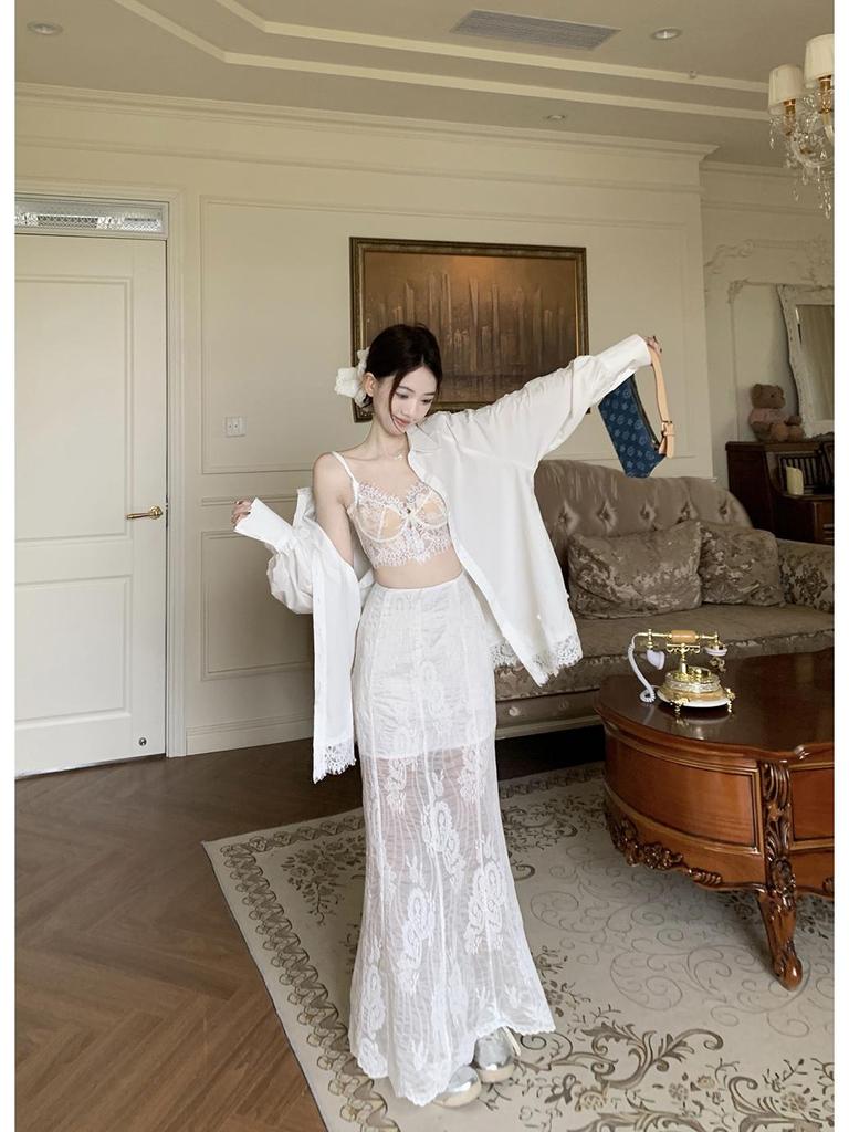 Korean Lace Long-Sleeved Shirt with Suspenders & White Fishtail Maxi Skirt - Women's Three-Piece Set for Spring/Summer 2025