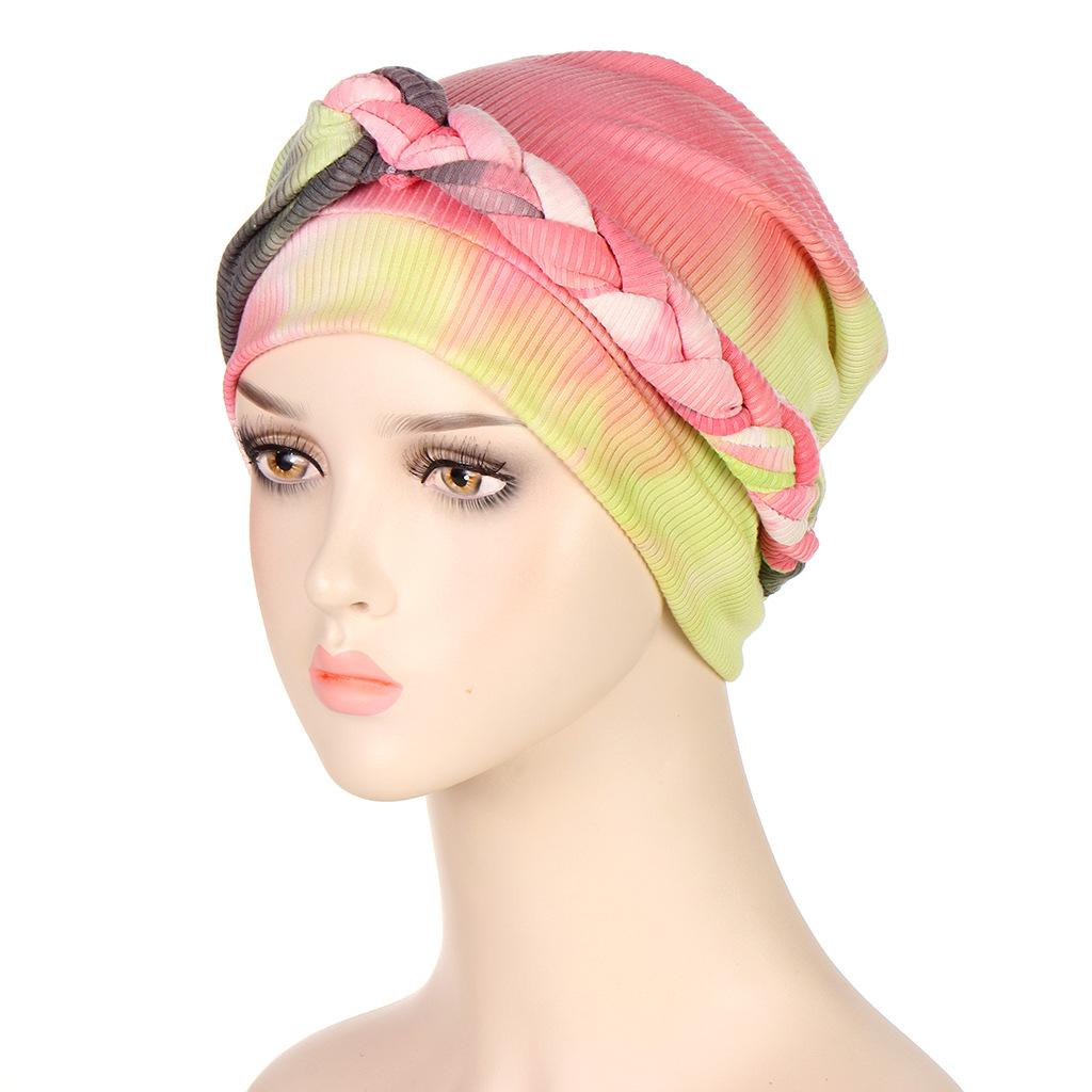 8 Colors New Fashion Braid Tie Dyed Multicolor Soft Muslim Hijab Turban Hat