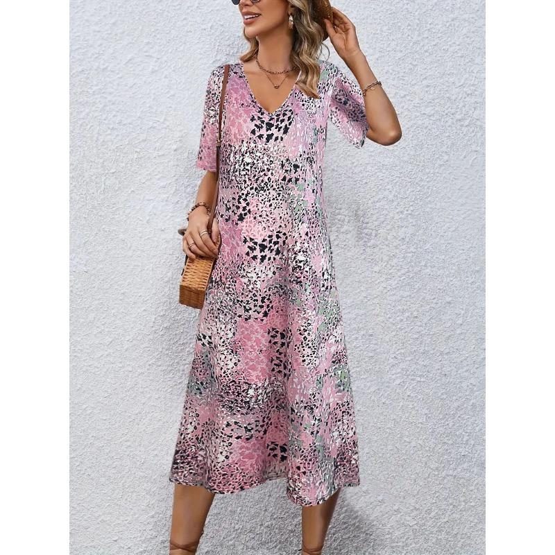 Женское платье с цветочным принтом, весна/лето, V-образный вырез, короткие рукава, длинное платье